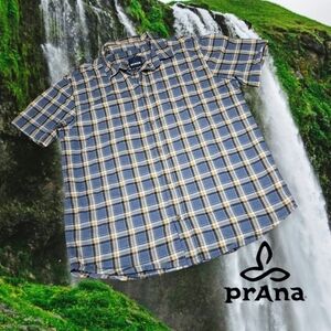 Prana Men's Bryner S/s Button Front Button Up Shirt Blue & Yellow Plaid L FLAW *